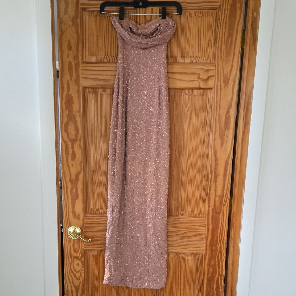 Beige Strapless Bandeau Cowl Neck Maxi Gown